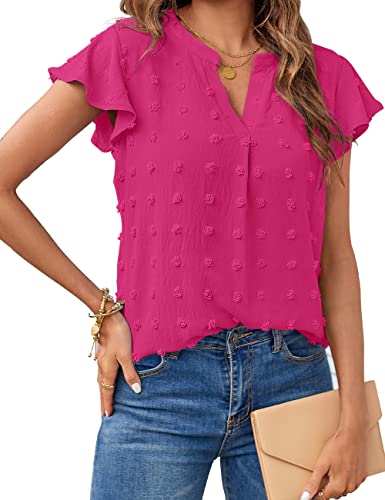 MEROKEETY Women V Neck Flowy Short Sleeve Swiss Dot Blouse Business Casual Loose Shirt Top HotPink Medium