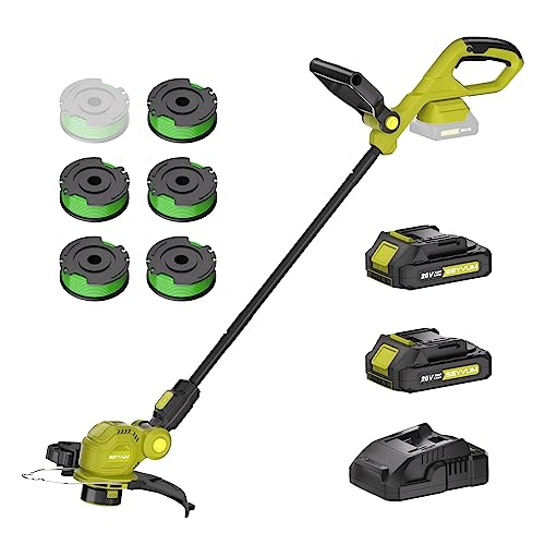 SEYVUM String Trimmer, 20V 12-inch Cordless Weed Trimmer with Auto Line Feed, 2 X 2.0Ah Battery Powered Grass Cutter, Lawn Edger with 6 Pcs Spool Line, Fast Charger Included