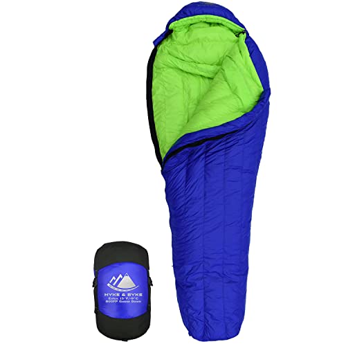 Hyke & Byke Eolus 15 F Hiking & Backpacking Sleeping Bag - 3 Season, 800FP Goose Down Sleeping Bag - Ultralight - Blue/Lime Green - 78in - Regular