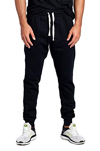 PROGO USA Men's Joggers Sweatpants Basic Fleece Marled Jogger Pant Elastic Waistt (XX-Large, Black (Slanted Pocket))