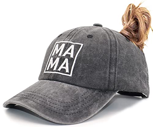 MANMESH HATT Mama Ponytail Hat for Women, Gifts for New Mom, Vintage Washed Distressed Ponytail Baseball Cap