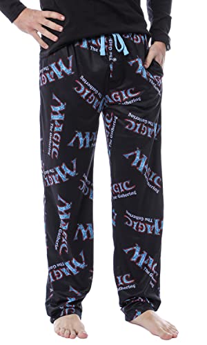 Magic The Gathering Card Game Men's Allover Logo Sleep Lounge Pants Pajama Pants (Medium) Black