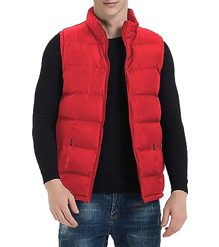 TUVEKE Red Men's Puffer Vest Sleeveless Zipper Quilted Outdoor Outerwear Down Puffy Vests Lightweight Big And Tall Solid Winter Warm M