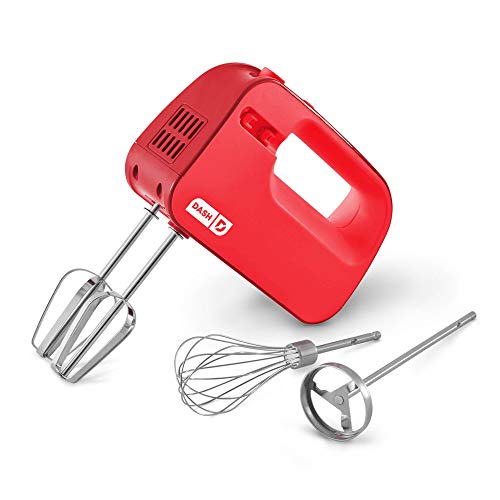 Dash SmartStore Deluxe Compact Electric Hand Mixer + Whisk and Milkshake Attachment for Whipping, Mixing Cookies, Brownies, Cakes, Dough, Batters, Meringues & More, 3 Speed, 150-Watt – Red
