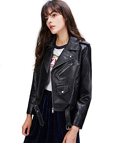 LY VAREY LIN Women's Faux Leather Motorcycle Jacket PU Slim Short Biker Coat (M, Black)