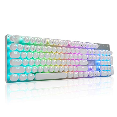 HUO JI E-Yooso Z-88 Wired Typewriter Style Mechanical Gaming Keyboard, Programmable RGB Backlit, Blue Switches - Clicky, Detachable USB-C cable, Retro 104 Keys for Mac, PC, White