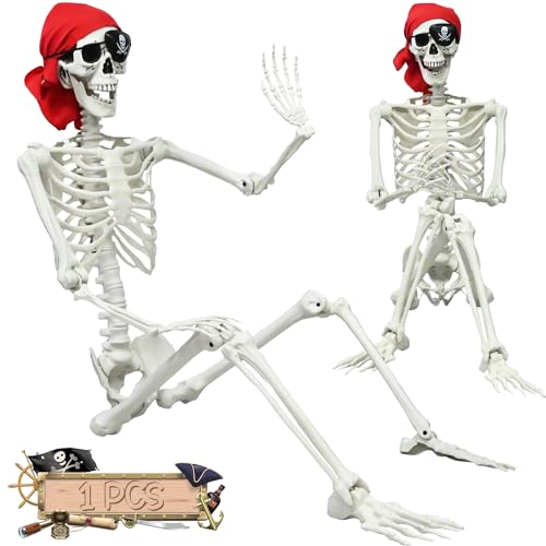 5.4ft Halloween Life Size Skeleton, Full Size Realistic Human Pirate Skeleton Decoration, Full Body Bones with Posable Joints for Halloween Spooky Party Decoration, Indoor Outdoor Props Decor