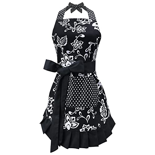 G2PLUS Cotton Aprons for Women with Pockets, Extra Long Ties, Floral Apron, Perfect for Kitchen Cooking, Baking and Gardening, 29 x 21 - inch (Black)