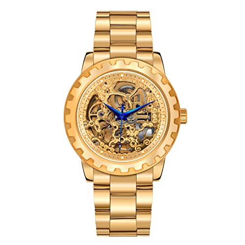 BERNY Gold Watches for Men Automatic Mechanical Wristwatch Skeleton Luxury Dress Mens Watch Exhibition Back Cover Luminous Hour Marker 5ATM Waterproof, Full Gold