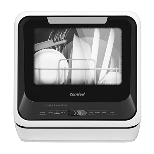 COMFEE' Portable Mini Dishwasher Countertop with 5L Built-in Water Tank for Apartments& RVs, No Hookup Needed, 6 Programs, 360° Dual Spray, 192℉ High-Temp& Air-Dry Function
