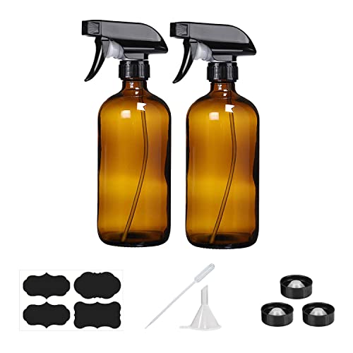 YUNFOOK 16 oz Amber Glass Spray Bottles - 2 Pack Refillable Empty Bottle for Cleaning Solutions, Essential Oils, Plants, Hair Mister - with Labels &Funnel, Dropper (16oz-2pack, Amber)