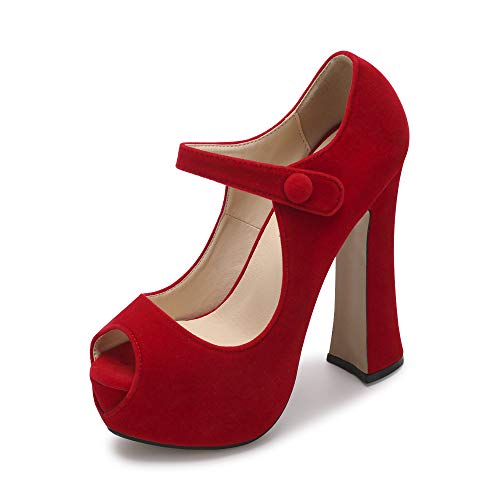 Women's Peep Toe Platform High Heels Ankle Strap Pumps Chunky Heels for Women Velvet Red Tag 35 - US B(M) 5.5