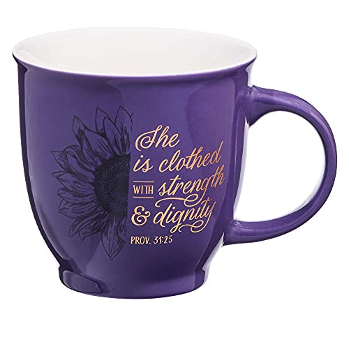 Christian Art Gifts Coffee Cup for Women: Strength and Dignity- Proverbs 31 Woman Bible Verse Ceramic Coffee/Tea Mug | Purple Sunflower, Microwave Safe, Lead-Free, and Non-Toxic, 14 oz