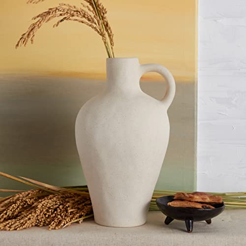 Ceramic White Vase BlossoME 10' Height Decor for Home,Stoneware Living Room Centerpiece Jug,Rustic Farmhouse and Vintage Pottery Gifts Matte with Handle