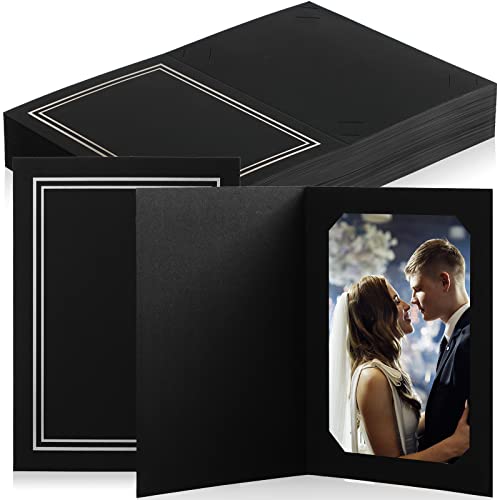 Fainne 100 Pcs Photo Folders for 4x6 or 5x7 Pictures Photo Frame Note Cards Paper Greetings Cardboard Picture Frame Photo Inserts Cards Picture Insert Notecard for Portraits (Black, Silver Lining)