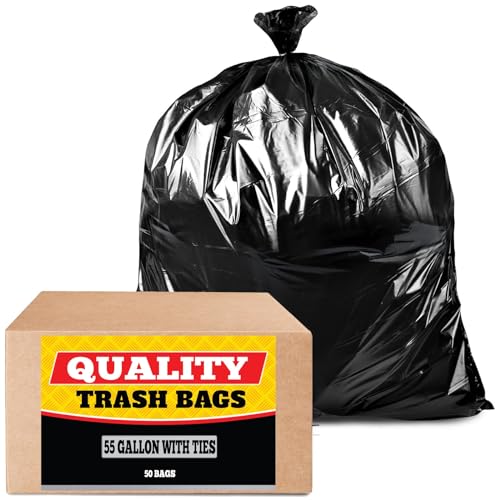 Tasker 55 Gallon Trash Bags (Value 50 Bags w/Ties) Extra Large Trash Bags 55 Gallon, Lawn and Leaf Bags, Extra Large Outdoor Trash Can Liners, 50-60 Gallon Commercial Trash Bags.