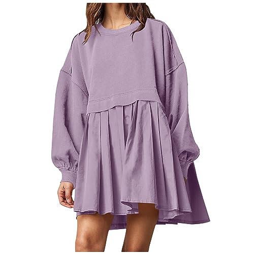 Black of Friday Deals 2023, Best Cyber of Monday Deals, Womens Fall Fashion 2023, Women's Flowy Pleated Sweatshirt Mini Dress Oversized Sweatshirt Dress Patchwork Crewneck Long Sleeve Pullover Tops