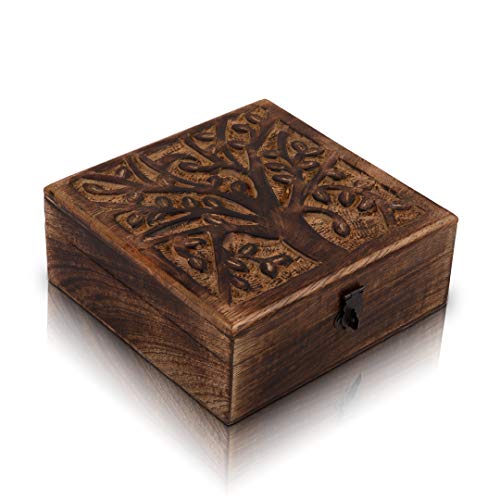 Great Birthday Gifts Handmade Decorative Wooden Jewelry Box With Tree Of Life Carving & Lock & Key Jewelry Organizer Keepsake Box Treasure Chest Trinket Holder Watch Box Storage Lock Box 6 x 6 Inches