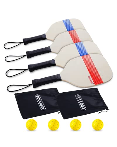 Boulder Wooden Pickleball Paddles Set of 4 - Includes 4 Pickleballs and 2 Bags - Pickleball Paddle Rackets and Pickle Ball Set for Kids & Adults for Indoor or Outdoor Games