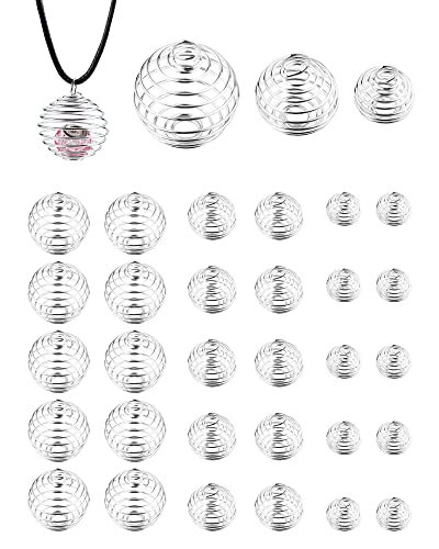 JIALEEY Spiral Bead Cages Pendants, 30 PCs 3 Sizes Silver Plated Stone Holder Necklace Cage Pendants Findings for Jewelry Making and Crafting