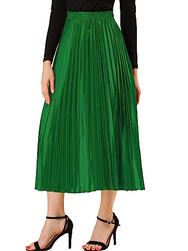Allegra K Women's Party Elastic Waist Metallic Shiny Accordion Pleated Midi Skirt Medium Green