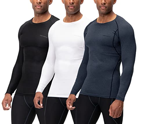 DEVOPS 3 Pack Men's UPF 50+ Long Sleeve Compression Shirts, Water Sports Rash Guard Base Layer, Athletic Workout Shirt (X-Large, Black/Charcoal/White)