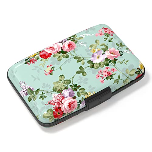 Atufsuat Credit Card Holder, Mini Aluminum Card Wallet RFID Blocking Slim Metal Hard Card Case for Women Men, Green Flowers