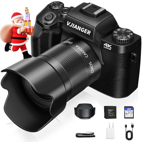 Digital Camera VJIANGER 4K Vlogging Camera 64MP Mirrorless Cameras for Photography with WiFi, 52mm Fixed Lens, 4.0' Fixed Touch Screen, 32GB SD Card & Camera Bag(W05-BlackS1)