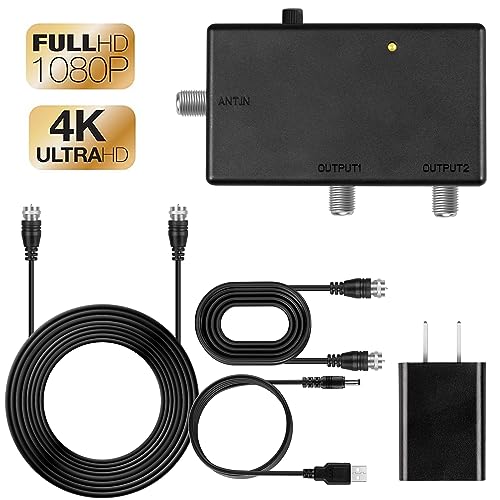30db,Distribution Amplifier, TV Antenna Amplifier Signal Booster,Adjustable Boost/Gain, NTSC, ATSC, FM, UHF, VHF - 870 MHz,1 ft+16ft RG-6 Coaxial Cable Adapter…