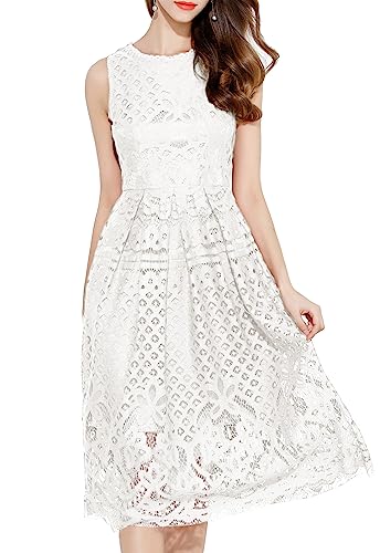 VEIISAR Summer Hollow Out Lace Cocktail Dress-Women Sleeveless Midi A-Line Lace Dresses White M