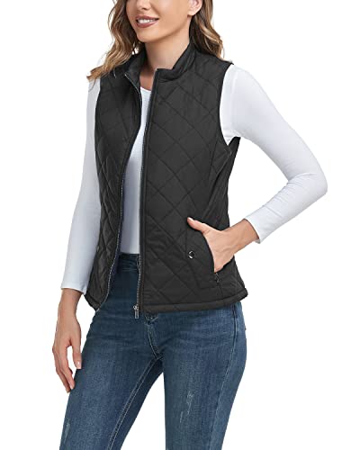 LONGKING 2023 Upgraded, Black Women's Outwear Vest With One Inner Pocket - Stand Collar Lightweight Zip Quilted Vest for Women L