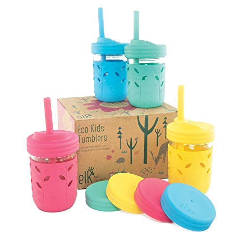 Elk and Friends Kids & Toddler Cups | The Original Glass Mason jars 8 oz with Silicone Sleeves & Silicone Straws with Stoppers | Smoothie Cups | Spill Proof Sippy Cups for Toddlers