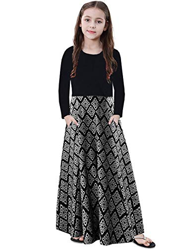 KYMIDY Girls Maxi Dress Kids Long Sleeve Casual Floral Dresses with Pockets for Girls, White, 14 Years