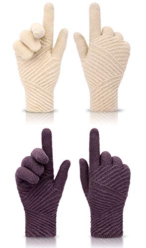 ThunderCloud Warm Winter Screen Touch Sensitive Stretch Knitted Gloves for Women, 2 Pairs, Beige/Purple