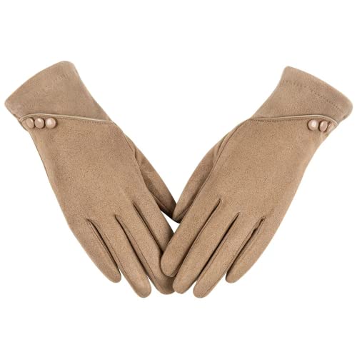 Alepo Womens Winter Warm Gloves, Contrast Color Design Touchscreen Texting Fleece Lined Windproof Driving Gloves Hand Warmer (Khaki-M)