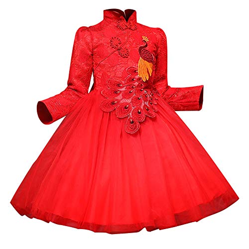 Face Dream Girls Chinese Cheongsam Tutu Dresses Retro Embroidery Princess Dresses 3-12T Red
