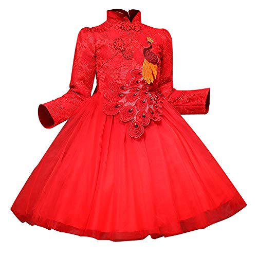 Face Dream Girls Chinese Cheongsam Tutu Dresses Retro Embroidery Princess Dresses 3-12T Red
