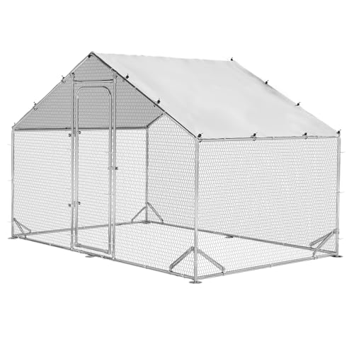LEMBERI Metal Chicken Coop Spire Roof Walk in Chicken Run Pen for 6 Chickens, Galvanized Rabbits Duck Poultry Cage with Waterproof Cover for Outdoor,Backyard and Farm