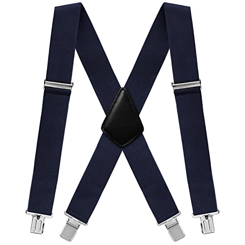 Fasker Mens Suspenders X-Back 2' Wide Adjustable Solid Straight Clip Suspenders,Navy,One Size