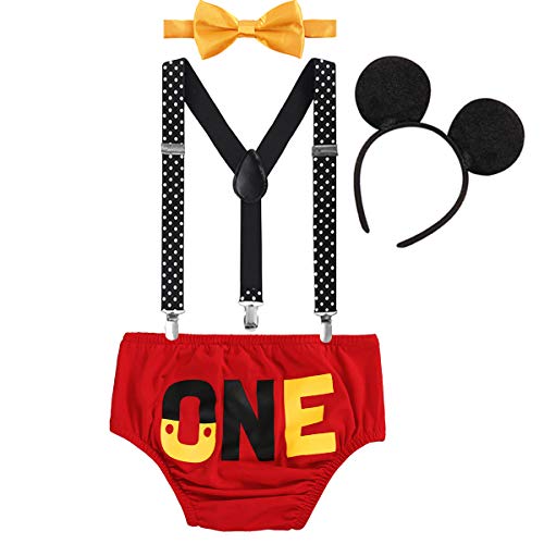 FYMNSI Baby Boys 1st Birthday Cake Smash Costume Photo Props 4PCS Outfits Suspender Bloomers Bowtie Headband Red 12-18 Months