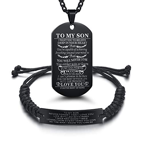 Butishop Son Gift Personalized Braided Bracelet from Mom and Dad with Dog Tag Necklace You Will Never Lose Birthday Graduation Valentines Gifts Black Stainless Steel