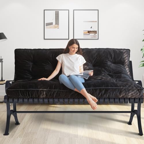 MAXYOYO 6' Futon Mattress Full Size, Velvet Thick Futons Sofa Couch Bed, Floor Mattress for Adults, Shredded Foam Filling (Frame Not Included), Black, 54x80 Inch