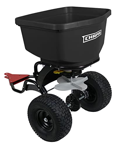 Chapin 8622B Made in The USA 150-Pound Tow and Pull Behind Spreader with Auto-Stop Dual Impeller That Stops When Not Moving, Designed for Farm and Tough Terrain, Hitch Pins, Black