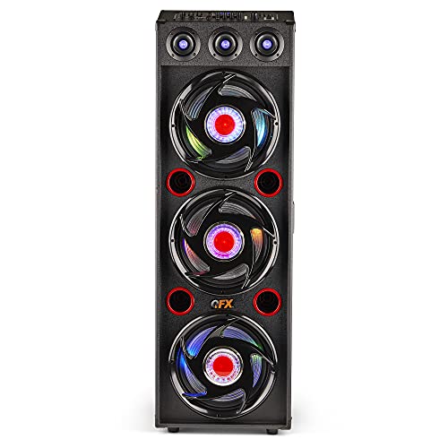 QFX SBX-412300BT Bluetooth Cabinet Speaker with Triple 12' Woofers, LED Party Lights, FM Radio, USB/TF Card Ports, Aux Input, and TWS Sound - Perfect for DJs, Parties, and Live Performances, Red