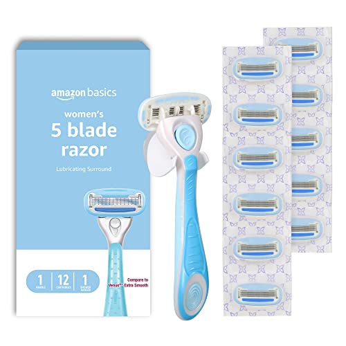 Amazon Basics 5-Blade Razor for Women, Handle, 12 Cartridges & Shower Hanger, Fit Handles only, 14 Piece Set, Blue