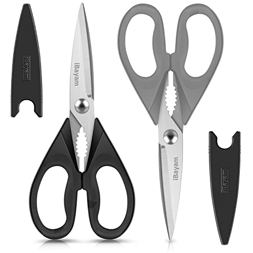 Kitchen Shears, iBayam Kitchen Scissors All Purpose Heavy Duty Meat Scissors Poultry Shears, Dishwasher Safe Food Cooking Scissors Stainless Steel Utility Scissors, 2-Pack (Black, Grey)