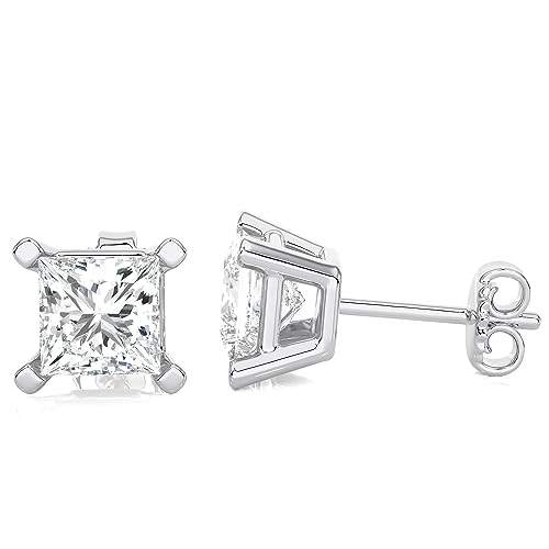 IGI Certified 1 Carat Princess Cut Lab Grown Diamond Classic Square Stud Earrings for Women I 14k White Gold Earrings (G-H, VS1-VS2, 1.00 cttw) 4-Prong Setting Push Back Studs by Carbon Atelier