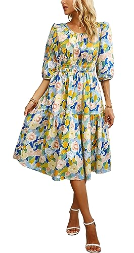 Kormei Women Summer Casual Boho Floral Round Neck 3/4 Sleeve Smocked Waist Tiered Flowy Swing Midi Dress XL Blue/Yellow