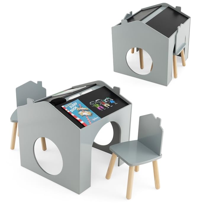 INFANS Kids Table and Chair Set, Wood Multi Activity Table with Blackboard for Toddler Playing Drawing Reading Arts Crafts, 3 Piece Children Furniture for Playroom Home School Classroom