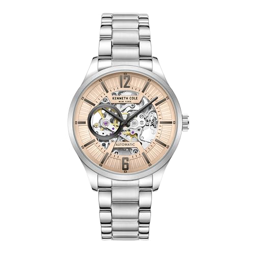 Kenneth Cole New York Men's Round Automatic Wristwatch | Stainless Steel Bracelet | Matte Silver Finish Skeleton Dial | Self-Winding Water Resistant Timepiece